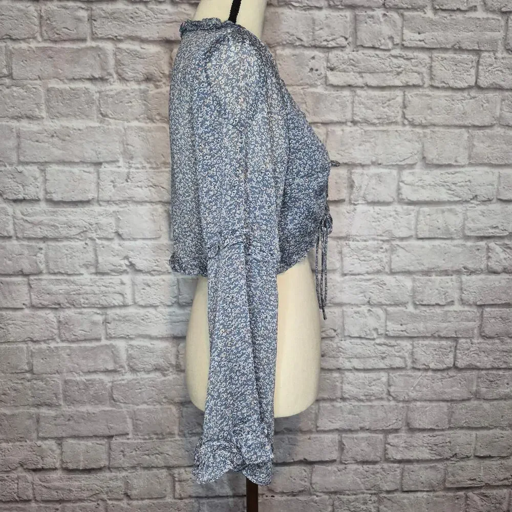 Princess Polly Blue Floral Caylan Tie Front Ruffle Crop Blouse Top Cottagecore 6